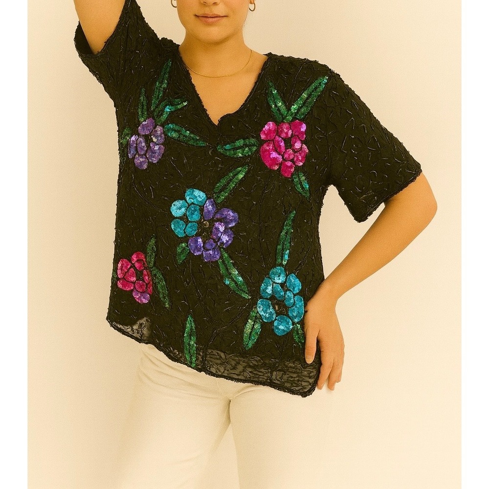 Vintage Stenay Silk Sequin Floral Top – Size M